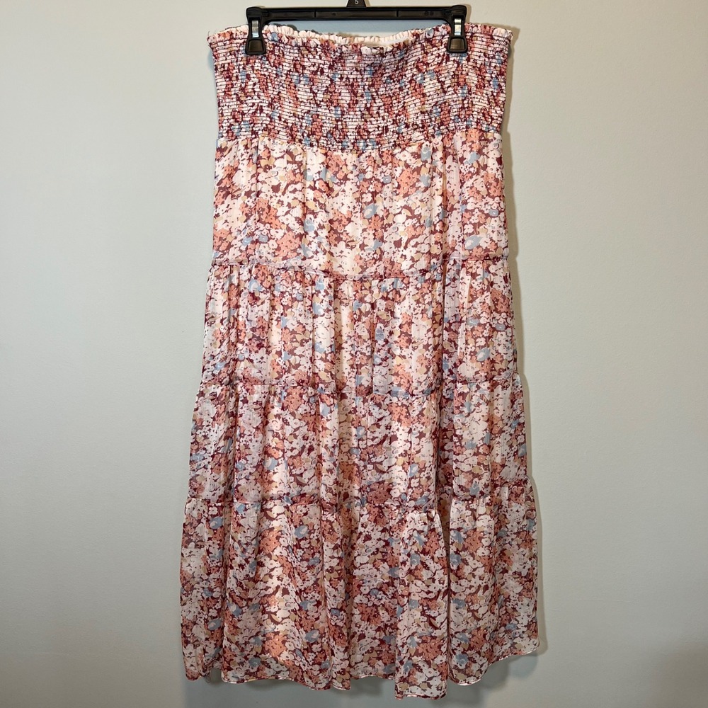 Lauren Ralph Lauren Floral Smocked Tiered Midi Skirt Pink Blue 12